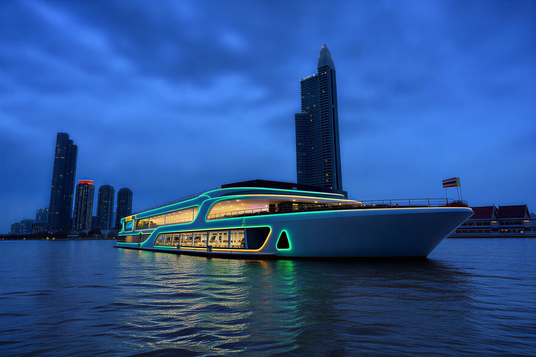 Sawasdee Chaophraya luxury dinner cruise boat on the Chao Phraya river in Bangkok