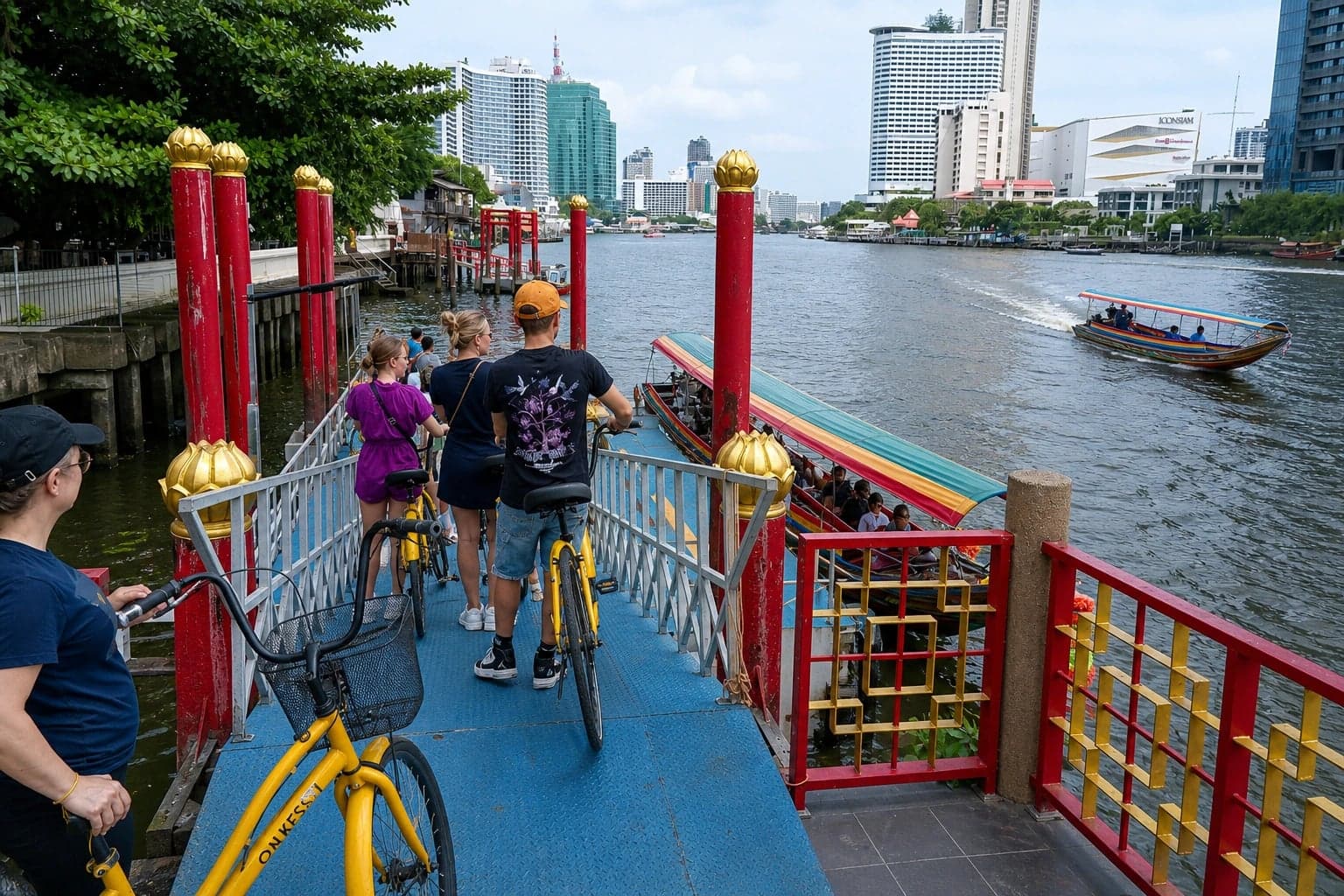 Cyclists boarding the boat at a Chao Phraya river pier