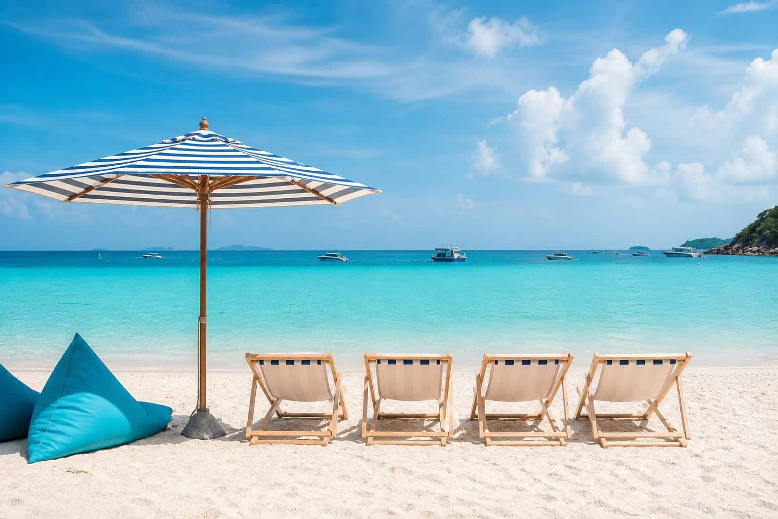 Deck chairs and a striped umbrella on the white sand of Coral Island, Koh Larn