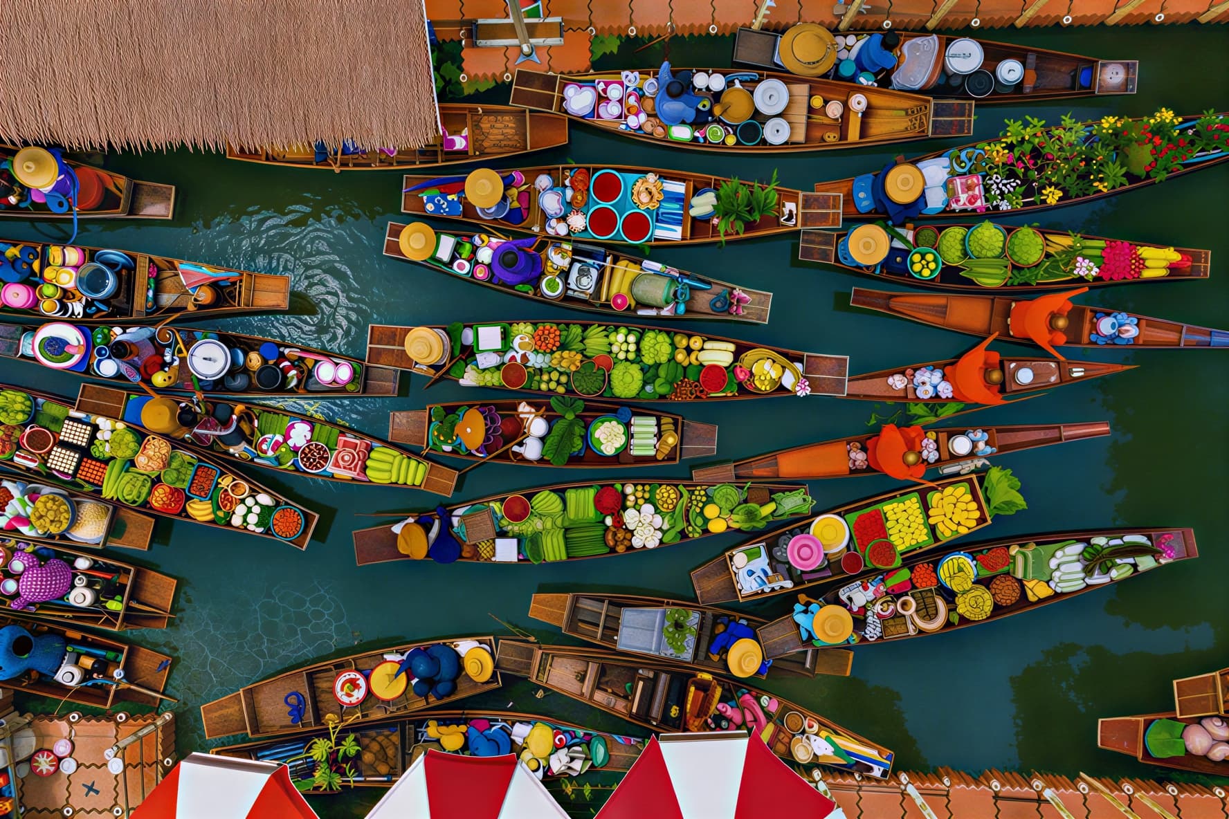 Damnoen Saduak floating market aerial boats