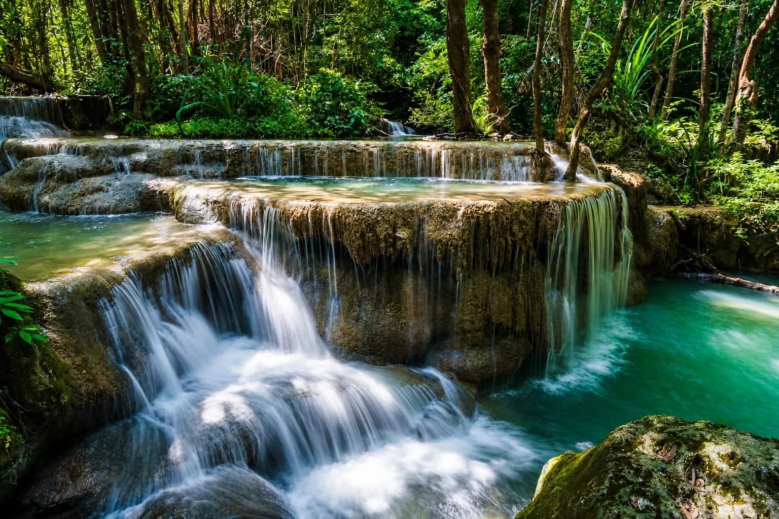 Tiered emerald pools at Erawan Waterfalls in Kanchanaburi