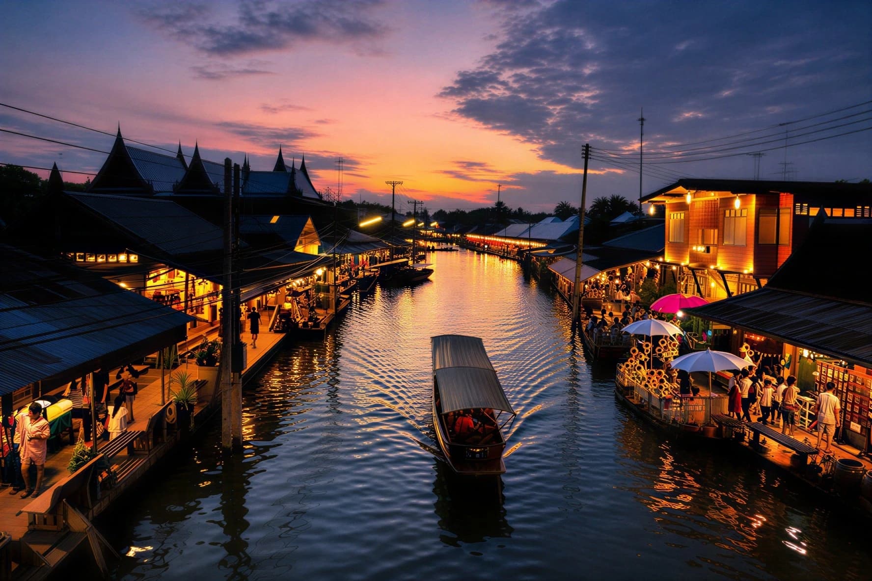 Longtail boat setting off from Amphawa Floating Market at dusk for the firefly ride