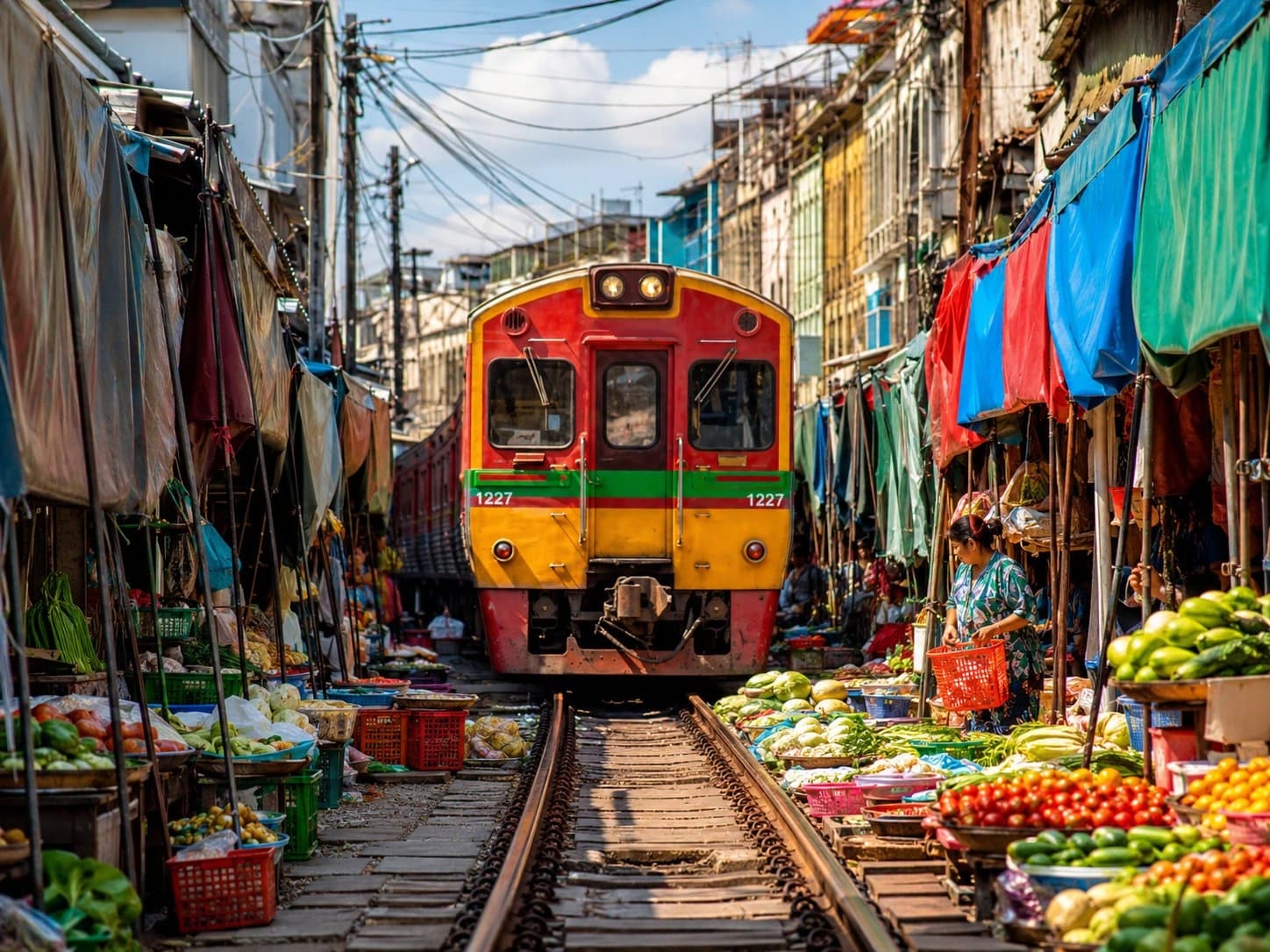 Maeklong Railway Market stalls folding back as the train passes