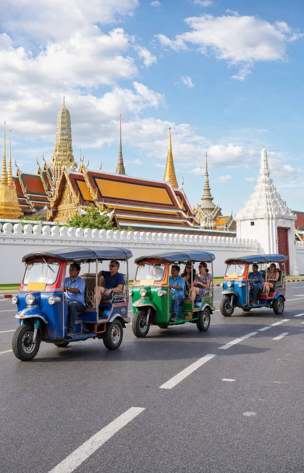 Tuk tuks passing the Grand Palace on Bangkok tours