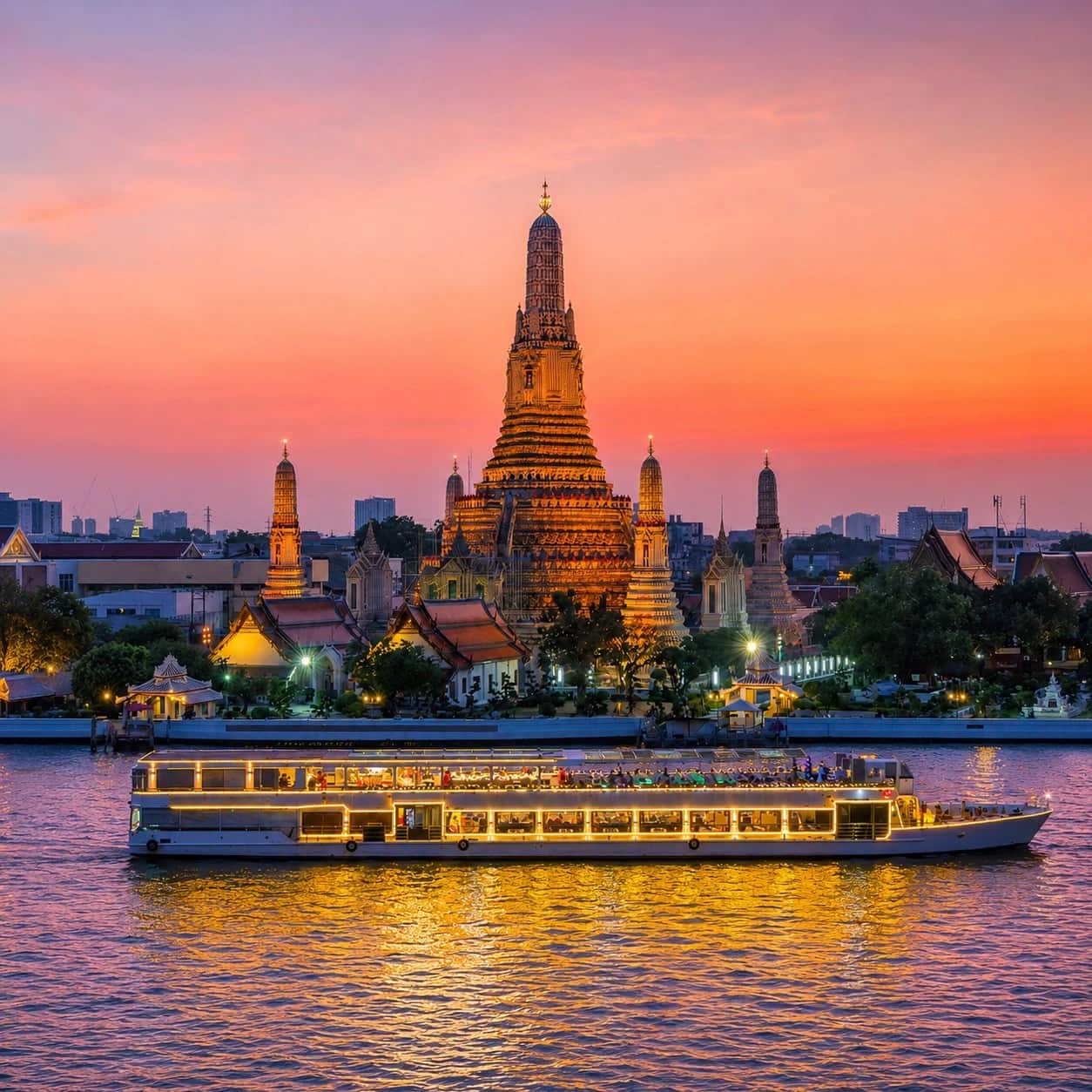 Wat Arun and a dinner cruise on the Chao Phraya River at sunset
